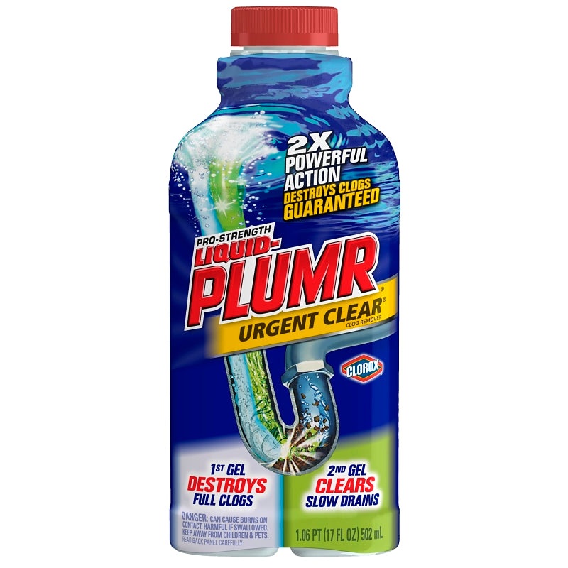 Liquid-Plumr 30548 Clog Remover, Liquid, Clear/Pale Yellow, Bleach, 17 oz Bottle
