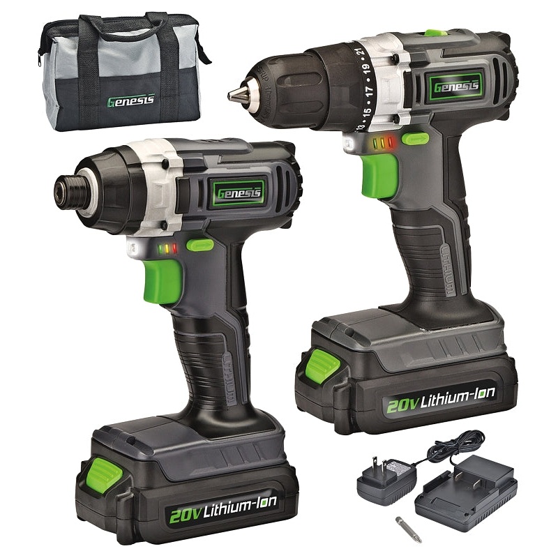 Genesis GL20DIDKA2 Combination Kit, Battery Included, 20 V, 2-Tool, Tools Included: (1) Drill, (1) Impact Driver