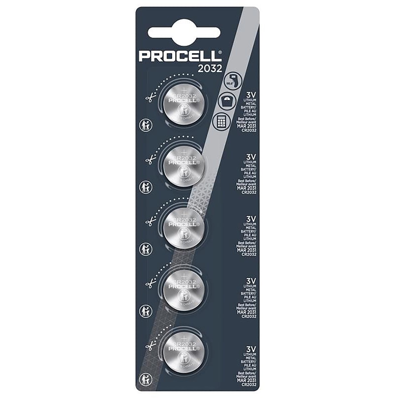 Procell PC2032 Coin Cell Battery, 3.2 V Battery, 265 mAh, Lithium Manganese Dioxide, Pack of 4