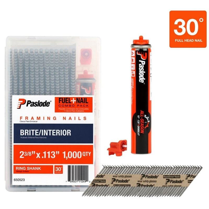 Paslode 650523 Framing Fuel and Nail Combo Pack, 2-3/8 in L, Low Carbon Steel, Bright, Round Head, Ring Shank