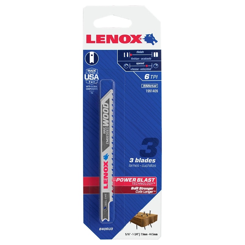 Lenox 1991409 Jig Saw Blade, 3/8 in W, 4 in L, 6 TPI, 3/PK