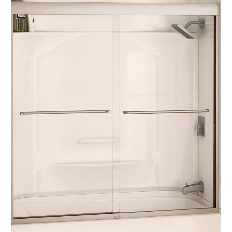 Maax Aura 135661-900-305 Bathtub Door, Nickel Frame, Semi Frame, Clear Glass, Bypass/Sliding Door, 1/4 in Glass
