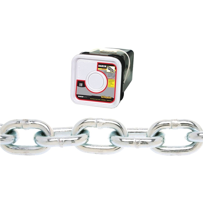 Baron PC3014SP Proof Coil Chain, 1/4 in, 100 ft L, 30 Grade, Steel, Zinc