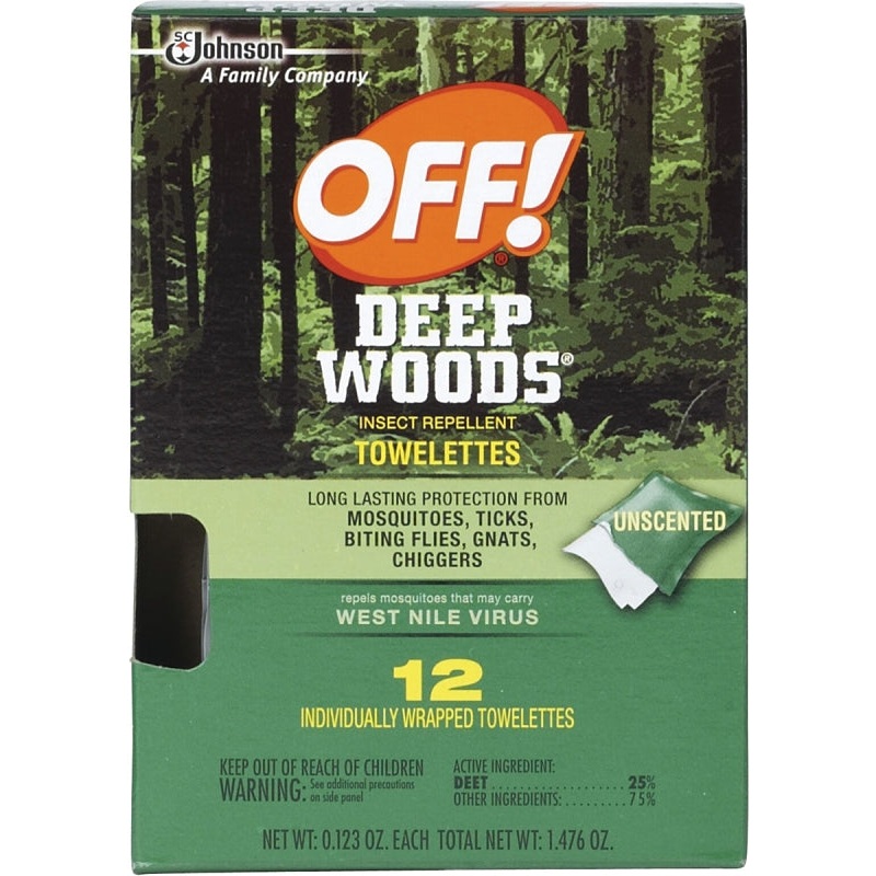 OFF! Deep Woods 54996 Insect Repellent Towelette, 12 CT Pack, Liquid, Clear/White, Alcohol, Pack of 12