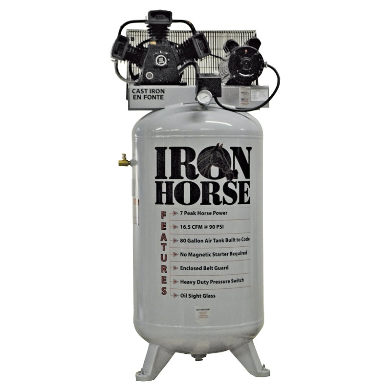 Iron Horse IHD7180V1 Air Compressor, 80 gal Tank, 7 hp, 208/230 V, 90 psi Pressure, 1-Stage, 16.5 cfm Air