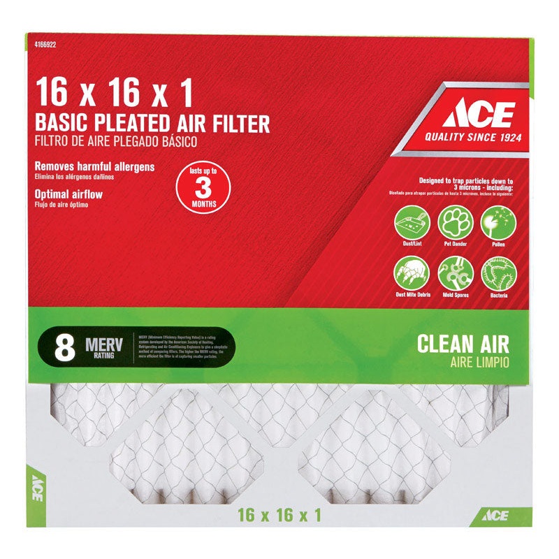 Ace 16 in. L x 16 in. W x 1 in. D Pleated Air Filter 8 MERV