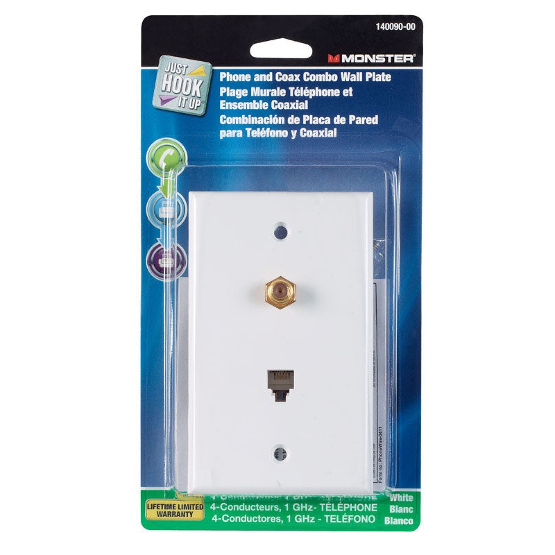 Monster Cable Just Hook It Up 1 gang White Cable/Telco Wall Plate